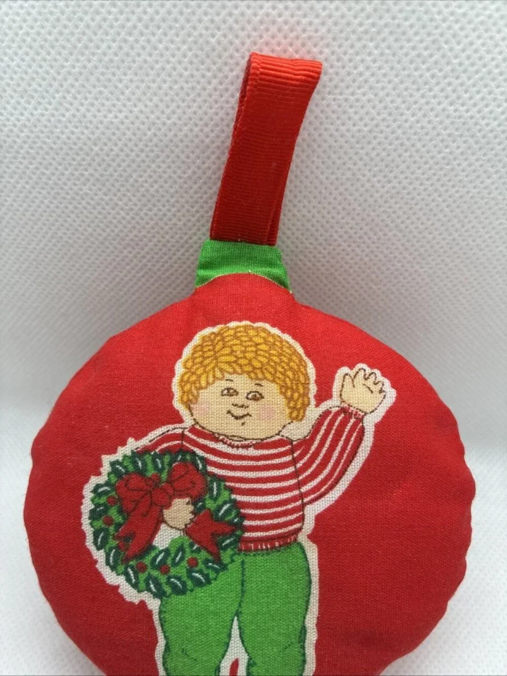 Vintage Handmade Cloth Christmas Ball Ornament 80s Patch Kid Red Green